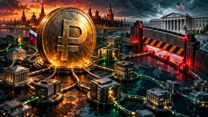 A coin bearing the ruble symbol connects banks and companies as a door closes on a financial channel