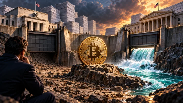 Bitcoin se tient entre une vanne de liquidité fermée et une autre entrouverte devant des bâtiments financiers américains
