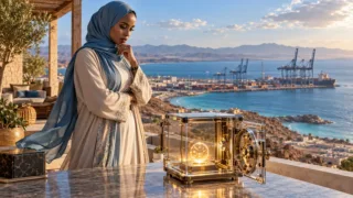 Une entrepreneuse djiboutienne observe un coffre numérique devant le golfe de Tadjourah et des installations portuaires.