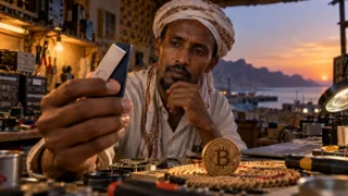 Un technicien djiboutien examine un portefeuille matériel près d’une pièce Bitcoin symbolique dans un atelier.