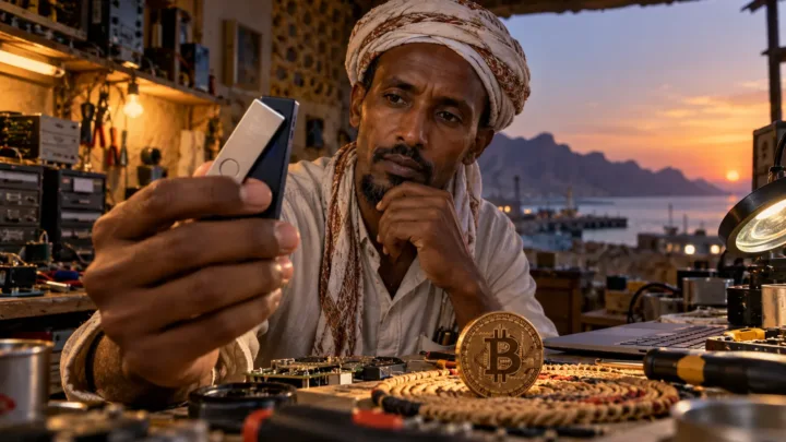 Un technicien djiboutien examine un portefeuille matériel près d’une pièce Bitcoin symbolique dans un atelier.