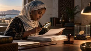 Une lectrice djiboutienne examine des documents à la loupe, avec un jeton numérique placé hors d’un tampon officiel fictif.