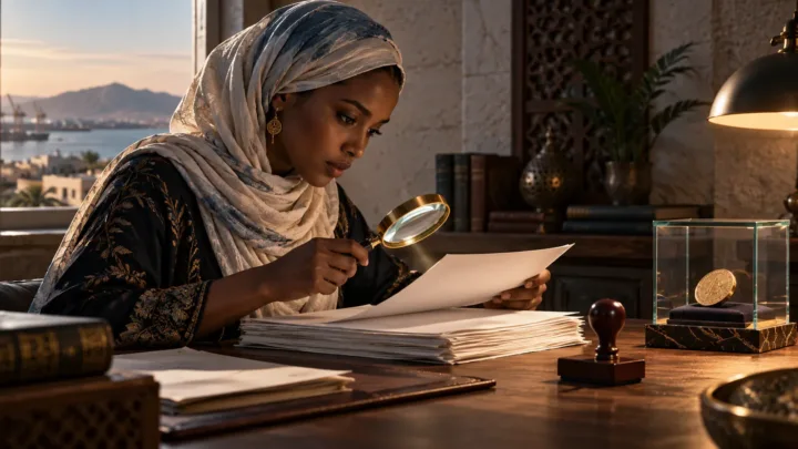Une lectrice djiboutienne examine des documents à la loupe, avec un jeton numérique placé hors d’un tampon officiel fictif.