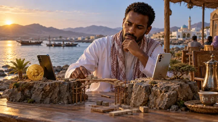 Two phones and a broken bridge symbolize the separate flows of mobile payments and Bitcoin in Djibouti.