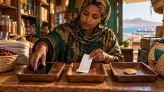 Une commerçante djiboutienne garde séparés un téléphone, un reçu de paiement et un jeton dollar dans son échoppe.