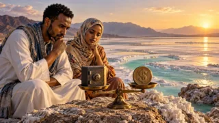 Wanandoa wa Djibouti wakichunguza mizani kati ya sanduku lililofungwa na tokeni ya dola kando ya eneo lenye chumvi.