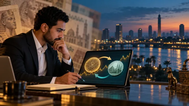 A phone displaying an abstract Bitcoin chart in front of Cairo and an Egyptian coin