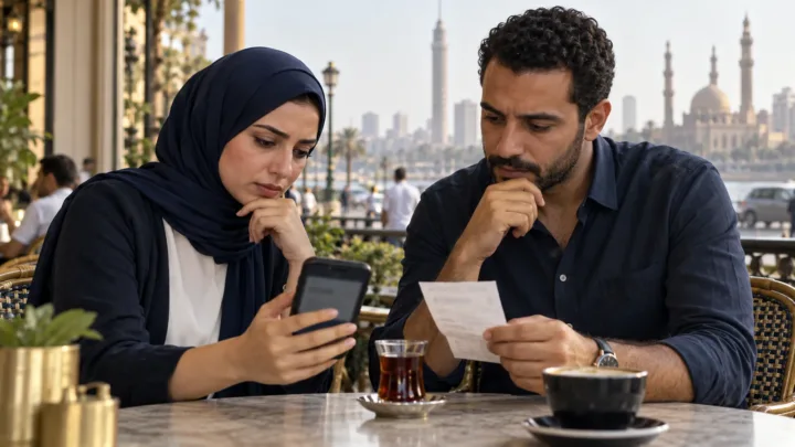 Une utilisatrice égyptienne hésite devant une offre P2P ambiguë sur un téléphone