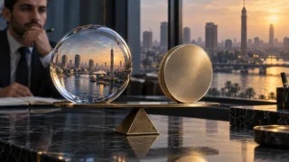 An abstract digital token close to one dollar floating above a blockchain circuit in Cairo