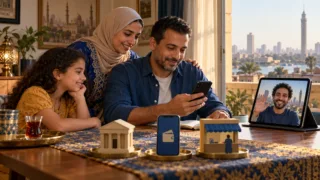 Une famille au Caire consulte la confirmation d'un transfert numérique reçu