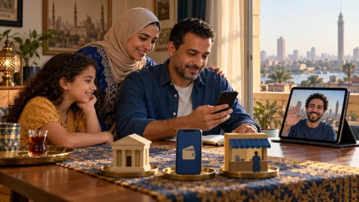 Une famille au Caire consulte la confirmation d'un transfert numérique reçu