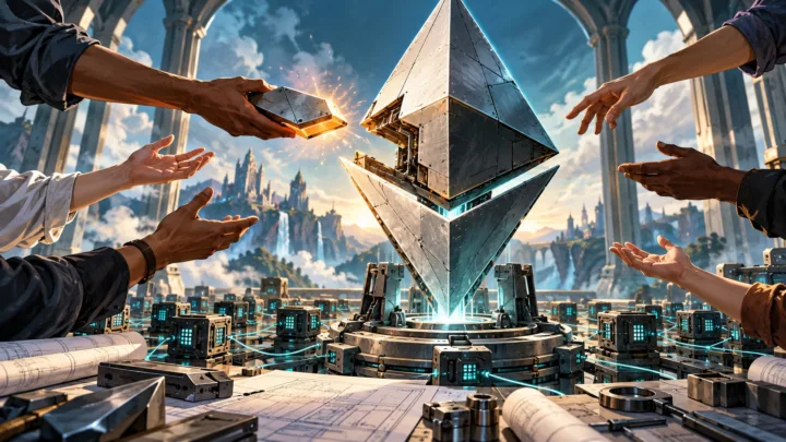 Des mains assemblent un symbole Ethereum métallique au-dessus de plans et d'un réseau de nœuds.
