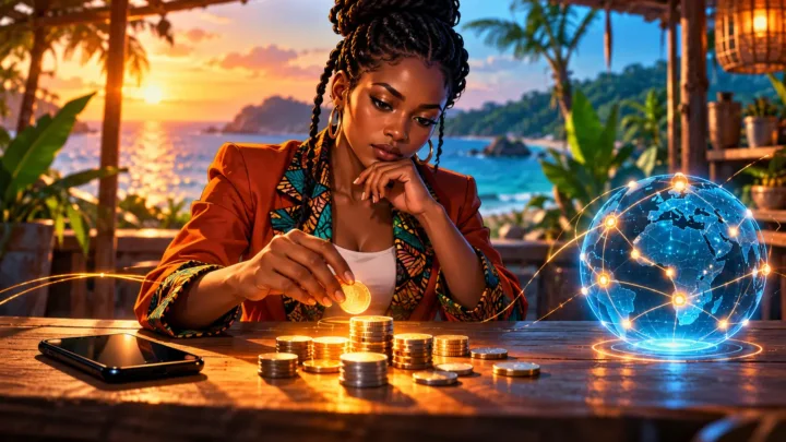 Une entrepreneuse équato-guinéenne examine des pièces, un téléphone et une sphère numérique dans un atelier côtier.