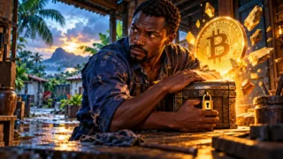 An Equatoguinean artisan observes a glowing Bitcoin coin and a key-operated safe in a workshop.