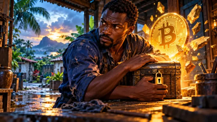 An Equatoguinean artisan observes a glowing Bitcoin coin and a key-operated safe in a workshop.
