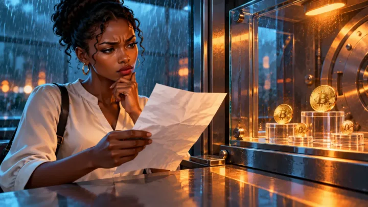 An Equatorial Guinean buyer compares a neutral quote and Bitcoin fractions behind glass.
