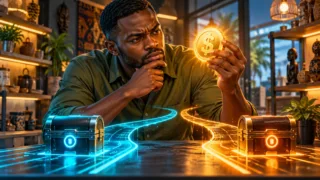 Un commerçant équato-guinéen examine un jeton dollar au-dessus de deux chemins numériques séparés.
