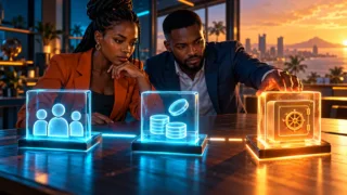 Two Equatoguinean professionals connecting abstract modules for customers, payments and custody.