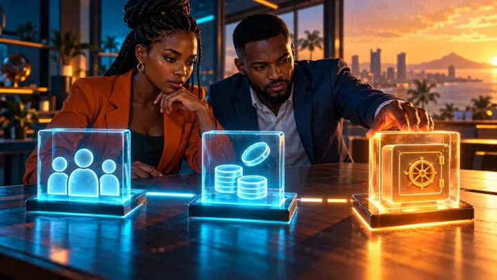Two Equatoguinean professionals connecting abstract modules for customers, payments and custody.