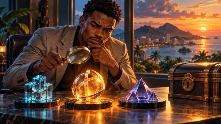 An Equatoguinean entrepreneur compares three abstract proposals under a magnifying glass beside a locked safe.