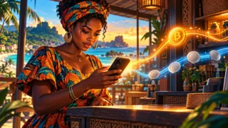 An Equatoguinean customer looks at a phone and a Bitcoin symbol connected to two separate systems.