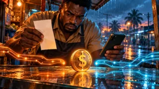 Un commerçant équato-guinéen rapproche un reçu neutre et un jeton dollar sur deux circuits sans connexion directe.