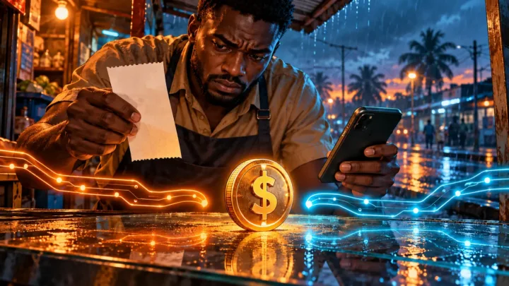 Un commerçant équato-guinéen rapproche un reçu neutre et un jeton dollar sur deux circuits sans connexion directe.