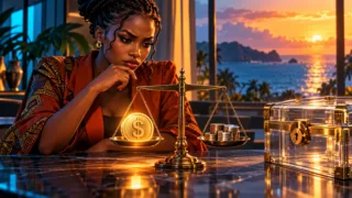 Mjasiriamali wa Guinea ya Ikweta analinganisha tokeni ya dola na sarafu zisizo na alama mbele ya mizani na sanduku la uwazi.