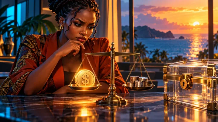 Mjasiriamali wa Guinea ya Ikweta analinganisha tokeni ya dola na sarafu zisizo na alama mbele ya mizani na sanduku la uwazi.