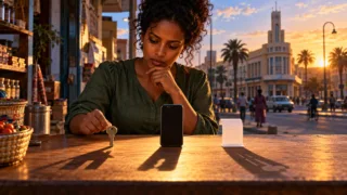 Une commerçante érythréenne compare une clé, un téléphone et un reçu sur son comptoir.