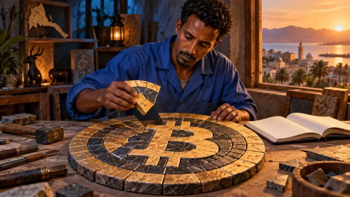 Un artisan érythréen examine une mosaïque Bitcoin divisée en petites pièces près de son carnet.