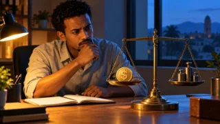 Un comptable érythréen compare un jeton dollar et une balance près d’un carnet vierge.