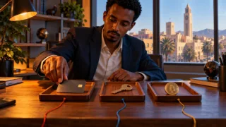 An Eritrean analyst separates a card, a key and a token on three wooden trays.