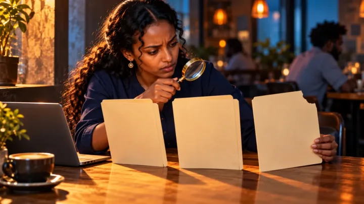 Une professionnelle érythréenne compare plusieurs dossiers et leurs pièces justificatives sur une table.