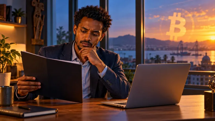 An Eritrean user compares a computer with a contract in a room lit by a lamp.