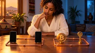 An Eritrean woman looks at two separate circuits linking a phone and a Bitcoin symbol.