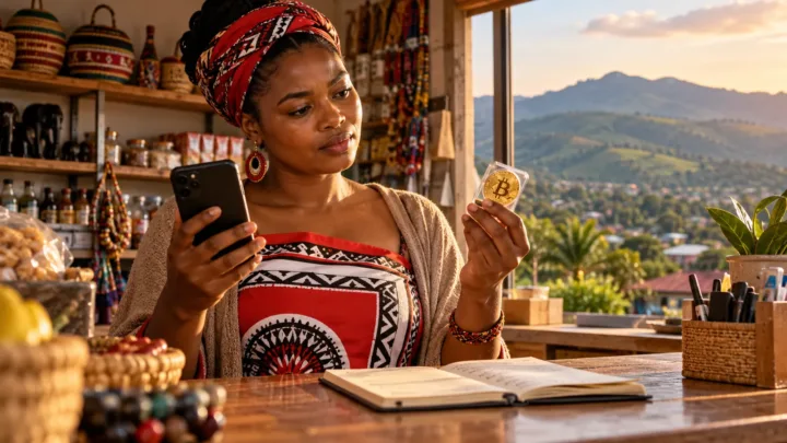 Une commerçante swazi examine un téléphone, un jeton numérique et son cahier de budget dans une boutique de Manzini.