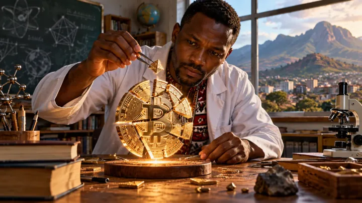 Un enseignant swazi examine une pièce Bitcoin symbolique fragmentée dans une salle donnant sur les montagnes.