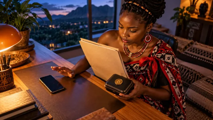A Swazi user pauses before tapping a phone to read a document beside a key box.