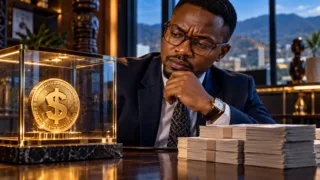 Un comptable swazi compare un jeton dollar derrière une vitre et des billets de référence sur sa table.