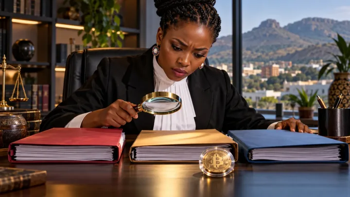 Une juriste swazi examine trois dossiers et un jeton scellé dans un bureau sans insigne officiel.