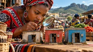 Une utilisatrice swazi inspecte les sorties de trois comptoirs miniatures sur une table de marché.