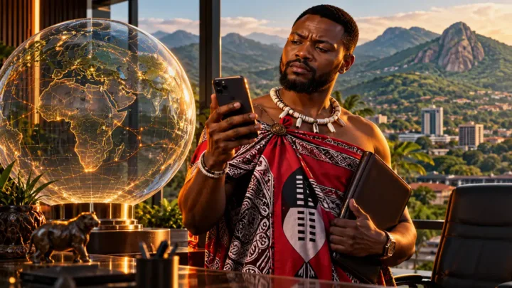 A Swazi man examines his phone and a contract file beside a transparent globe in an office.