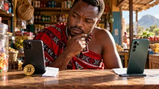 Un commerçant swazi compare deux téléphones séparés par un espace, avec une pièce Bitcoin près d’un seul appareil.