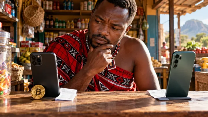 Un commerçant swazi compare deux téléphones séparés par un espace, avec une pièce Bitcoin près d’un seul appareil.