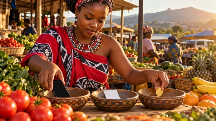 Muuzaji wa kike Mswaazi akiweka simu, risiti na tokeni yenye thamani ya dola kwenye trei tatu ndogo kwenye meza yake.