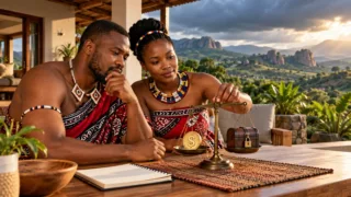 Un couple swazi examine une balance portant un jeton dollar et un petit coffre près de son cahier de budget.