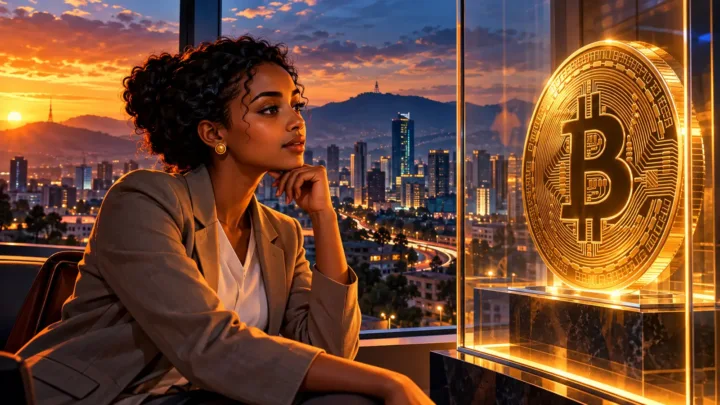 Entrepreneuse observant une pièce Bitcoin derrière une vitre devant Addis-Abeba