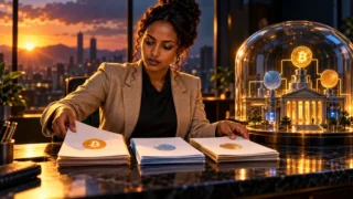 Ethiopian professional sorting files beside a glass-covered model