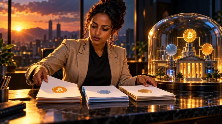 Ethiopian professional sorting files beside a glass-covered model
